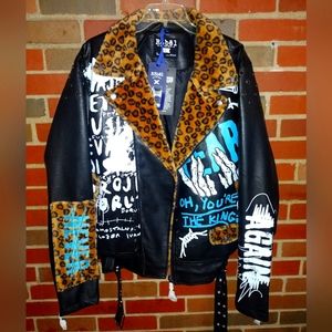Rebel Minds Leopard Collar Biker Jacket 612-553BLK - Large